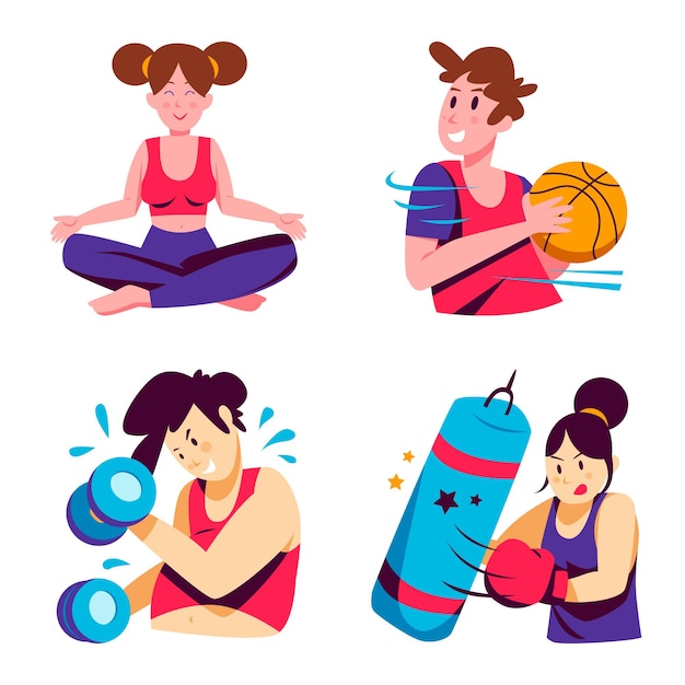 Vector sports and exercises stickers collection