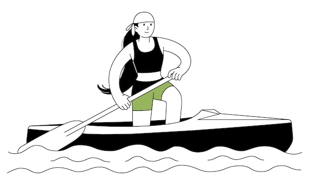 sports female athlete trains on kayak outline icon in pose with support on one knee she paddles