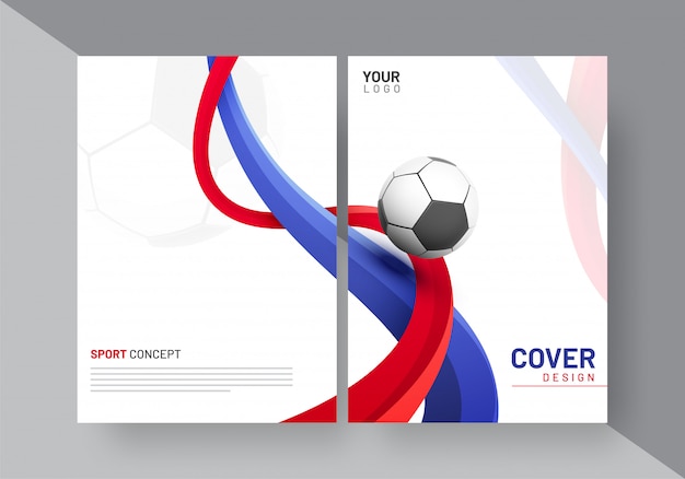 Sports or football newsletter cover design with waves and soccer ball, space for your text.