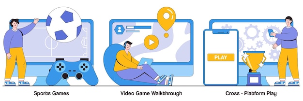 Vector sports games video game walkthrough crossplatform play with people characters illustrations pack