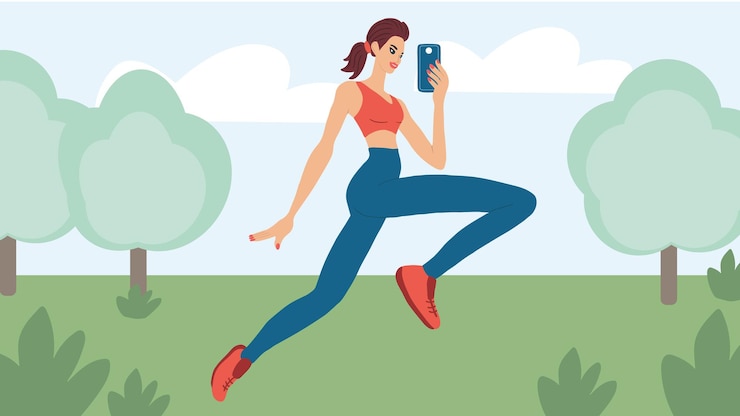 Vector sports girl blogger jogging in the park recording video or broadcasting for social networks vector