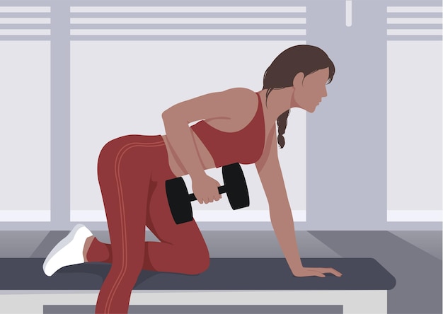 Vector sports girl doing fitness with dumbbell flat design