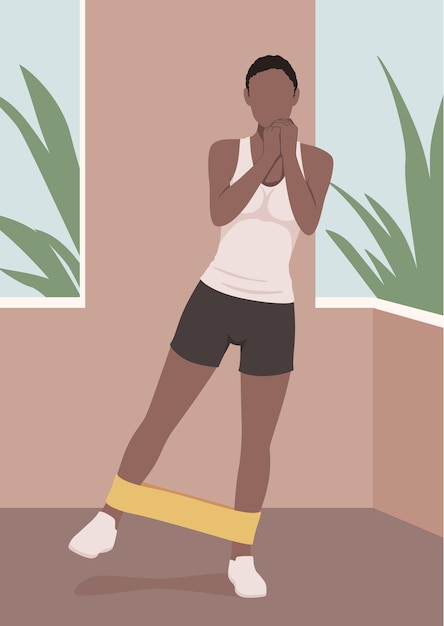 Sports girl doing fitness with elastic bands flat design