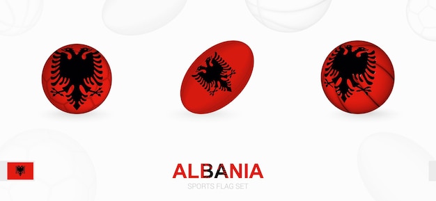 アルバニアの旗とサッカー、ラグビー、バスケットボールのスポーツアイコン。