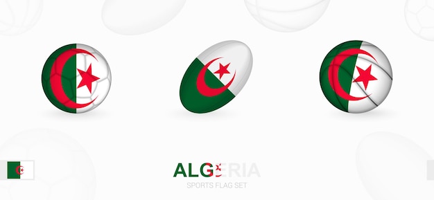 Sports icons for football, rugby and basketball with the flag of algeria.