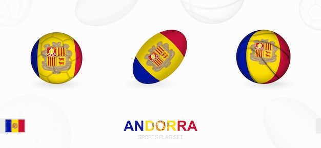 안도라의 국기와 함께 축구, 럭비, 농구를 위한 스포츠 아이콘.