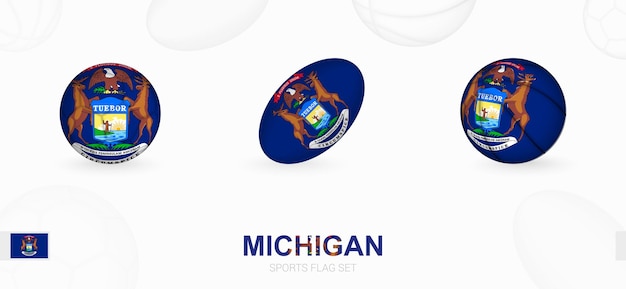 Sports icons for football, rugby and basketball with the flag of Michigan.