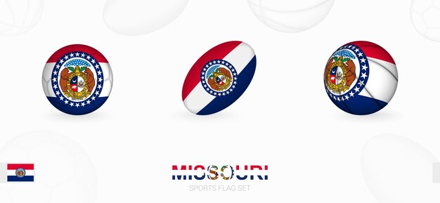 Sports icons for football, rugby and basketball with the flag of Missouri.