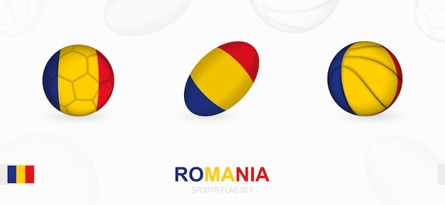 루마니아의 국기와 함께 축구, 럭비, 농구를 위한 스포츠 아이콘.