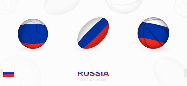 Sports icons for football, rugby and basketball with the flag of Russia.