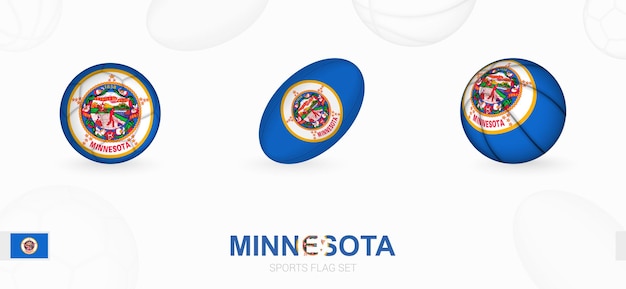 미네소타의 국기와 함께 축구, 럭비, 농구를 위한 스포츠 아이콘.