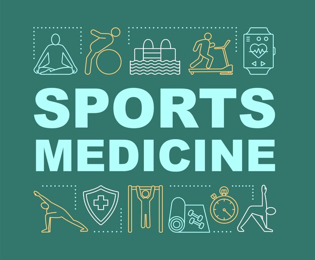 Sports medicine word concepts banner. Physical therapy, rehabilitation. Gymnastics, swimming. Presentation, website. Isolated lettering typography idea with linear icons. Vector outline illustration