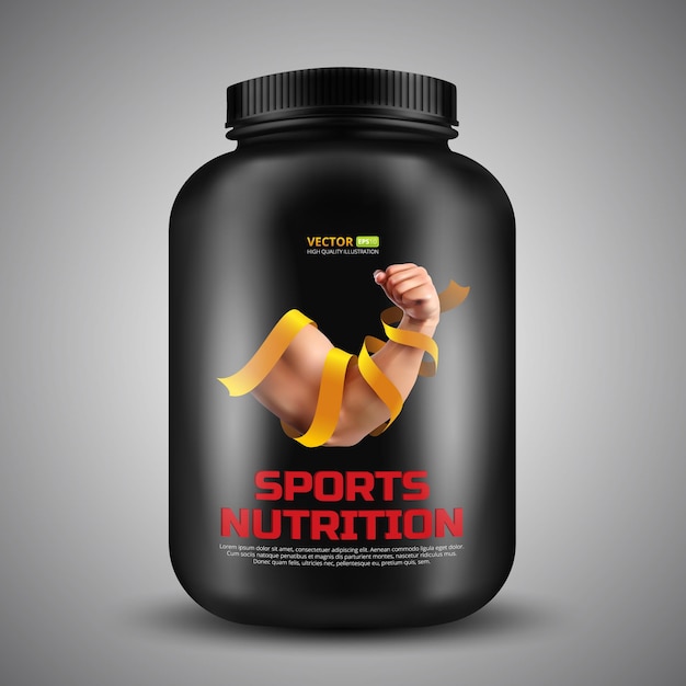 Sports nutrition vector container with label of biceps a strong man wrapped in a gold ribbon. realistic illustration of black plastic jar isolated on grey background