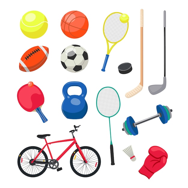 Vector sports objects or equipment flat illustrations set. tennis, ping pong and badminton rackets, football, shuttlecock, golf stick isolated on white