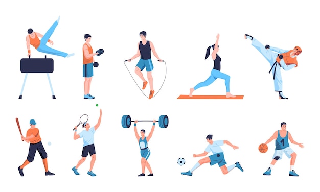 Vector sports people set cartoon characters training in gym man and woman weightlifting and running diverse active characters in active poses vector isolated set of training character exercise workout