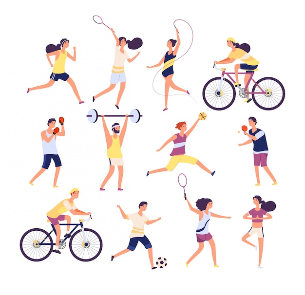 Vector sports people set. exercising persons gymnast, runner and tennis player, boxer and footballer.  cartoon  characters set