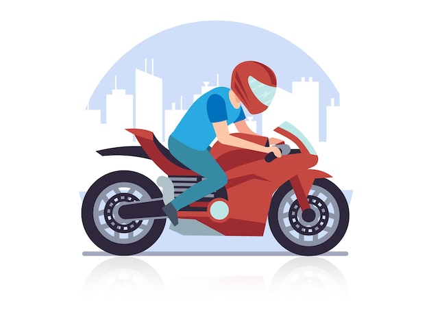 Vector sports racing motorcycle. racer against backdrop of cityscape rushes at high speed on red big heavy motorbike cartoon flat style illustration on white background