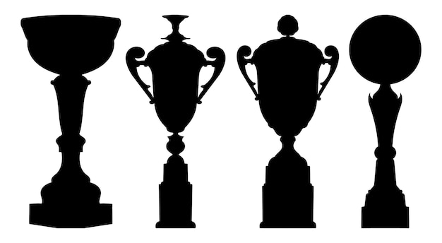 スポーツの現実的なカップ トロフィーの勝者プレミアム シルエット黒形状デザイン ベクトル図のセット