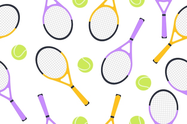 Sports seamless pattern with tennis badges in a flat design styleCartoon illustration with sports objects a tennis ball and a tennis racket Vector illustration