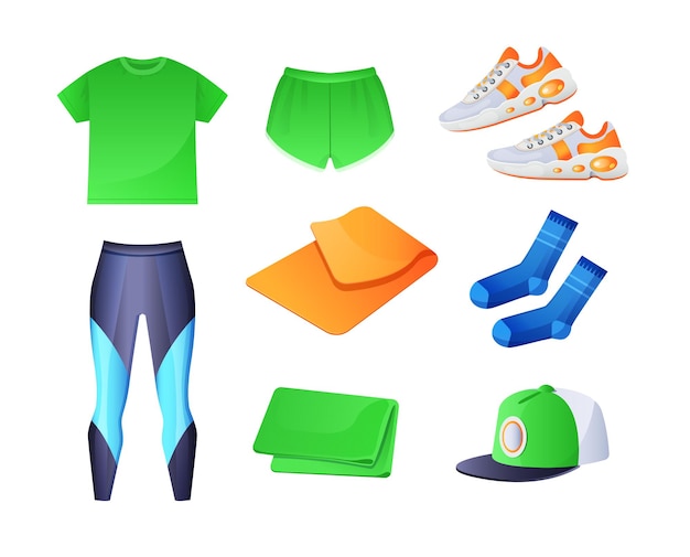 Vector sports sneakers, shorts, leggings, cap, t-shirt, glasses, cup, towel