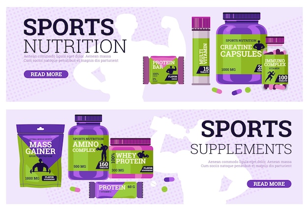 Vector sports supplements and healthy nutrition web banners flat vector illustration