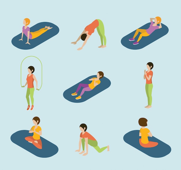 Sports women yoga gym gymnastics workout exercise flat 3d web isometric infographic vector.