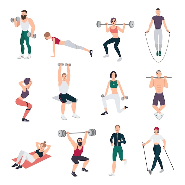 Sportschool mensen ingesteld. jonge man en vrouw die zich bezighouden met sport. verschillende oefeningen collectie in vlakke stijl. vector illustratie.