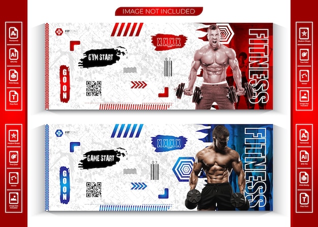 Sportschool sociale media omslag banner moderne vormen ontwerp met kleurverloopsjabloon Premium Vector