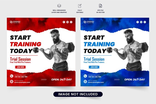 Sportschool trainingssessie sociale media post vector voor digitale marketing Moderne sportschool zakelijke promotionele webbanner ontwerp met blauwe en rode kleuren Sportschool training advertentie poster vector