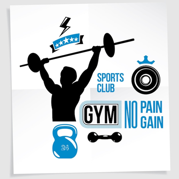 Sportschool vector reclamefolder gemaakt met vectorillustratie van gespierde bodybuilder met barbell sportuitrusting. Geen pijn, geen winstofferte.