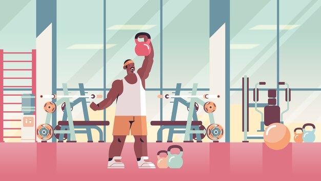 ベクトル ケトルベルで体操をしているスポーツマンフィットネストレーニング健康的なライフスタイルのコンセプトモダンなジムスタジオインテリア