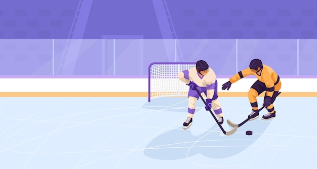 Vector sportsman from different team are playing hockey competing on friendly match without spectators winter games competition concept of sport activity and healthy lifestyle vector illustration