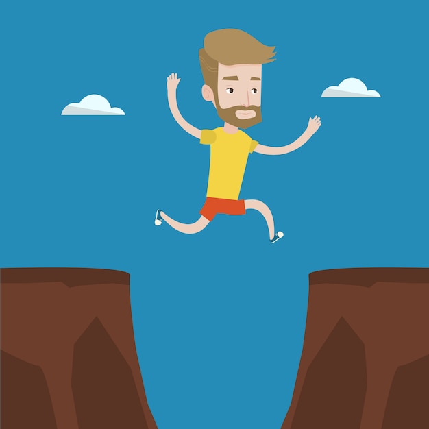 Sportsman jumping over cliff vector illustration.