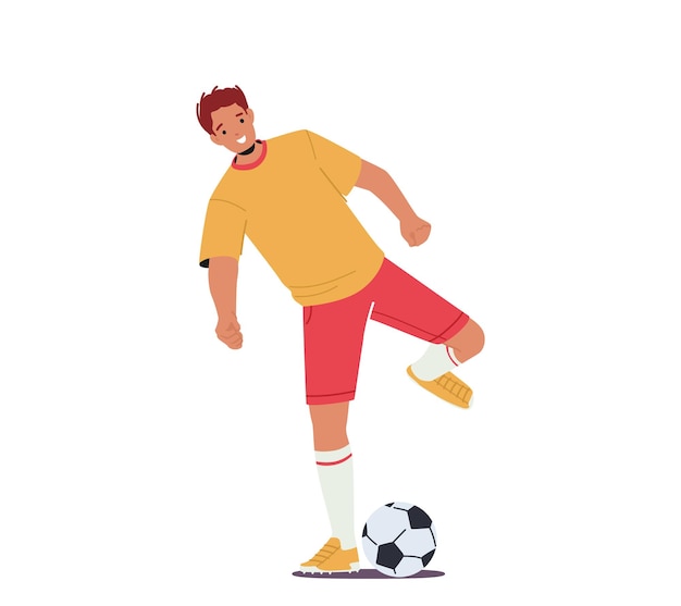 Vector sportsman playing soccer isolated on white background character wear uniform raise leg prepare to kick ball athlete