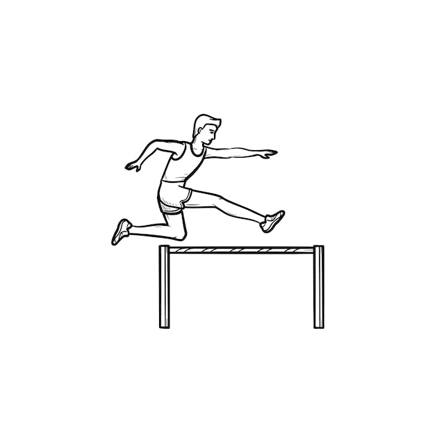 Vector sportsman running and jumping over obstacles hand drawn outline doodle icon. obstacles and hurdle run concept. vector sketch illustration for print, web, mobile and infographics on white background.