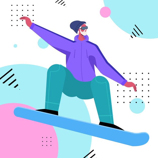 Vettore sportivo, snowboard, ragazzo, fare, attività, natale, capodanno, vacanze, celebrazione, vacanza invernale, concetto, piena lunghezza, vettore, illustration