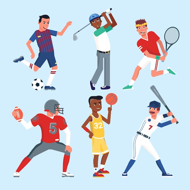 Sportsmen cartoon character in uniform set football baseball tennis golf basketball player wearing sportswear Active sport lifestyle