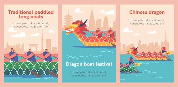 Vector sportsmen rowing on boat dragon cartoon banners oriental festival sport competition extreme activity championship