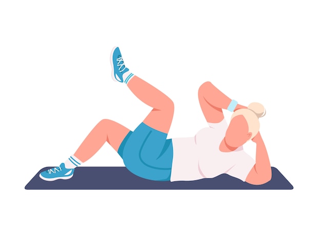 Sportswoman doing crunches flat color faceless character