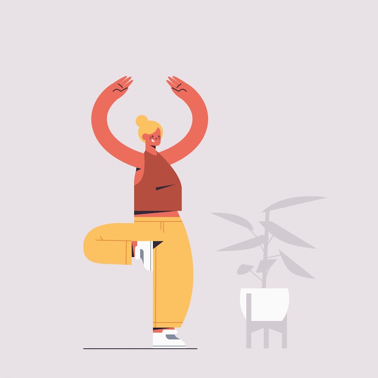 Vector sportswoman practicing yoga girl standing in tree pose fitness training healthy lifestyle sport concept full length illustration