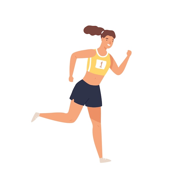 Sportswoman professional runner jogging vector flat illustration. smiling athletic woman in sportswear running isolated on white. positive female enjoying physical activity and healthy lifestyle.