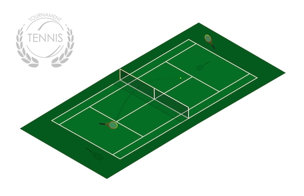 sporttennisbaan met rackets en bal Actieve levensstijl Isometrische vector