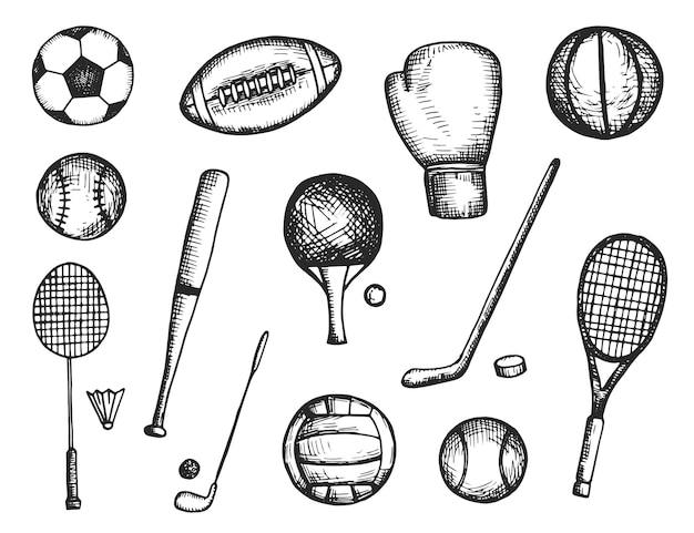 Sportuitrusting ballen en rackets vector schets iconen geïsoleerde silhouette