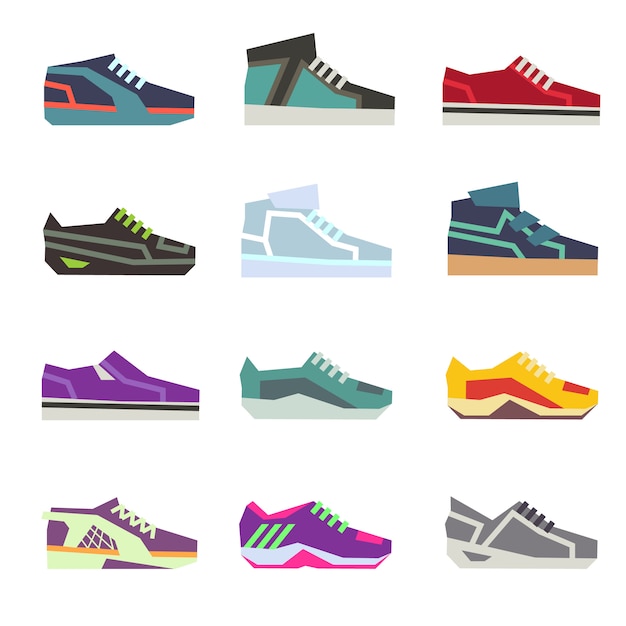 Sportwear shoes, different footwear sport shoes flat set. colored running shoes illustration