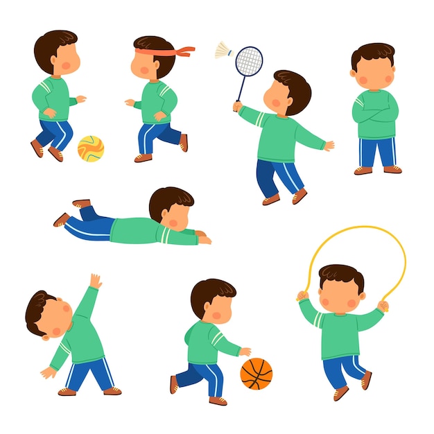 Вектор Спортивный мальчик-персонаж, играющий в бадминтон, скакалка, марафон, футбольная корзина и упражнения