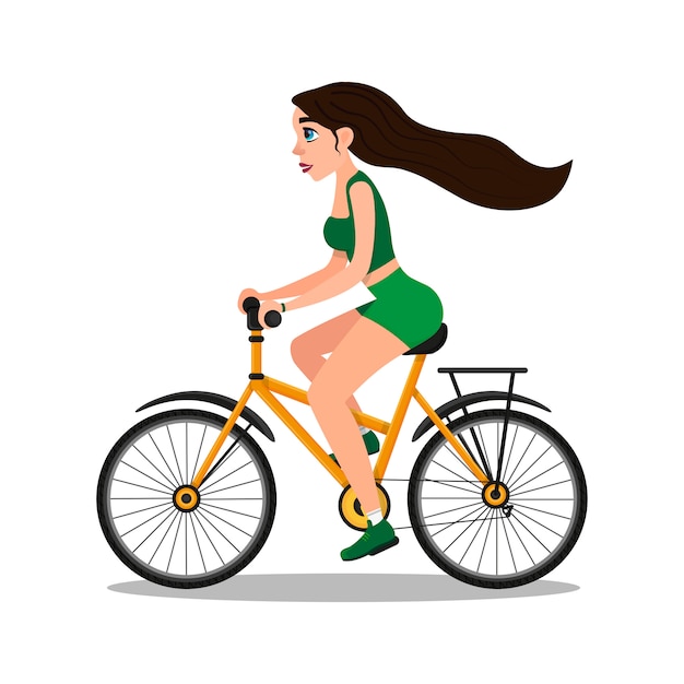 Vector sporty cartoon woman character riding bicycle