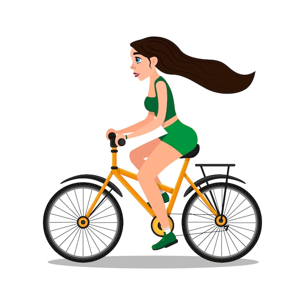 Sporty cartoon woman character riding bicycle