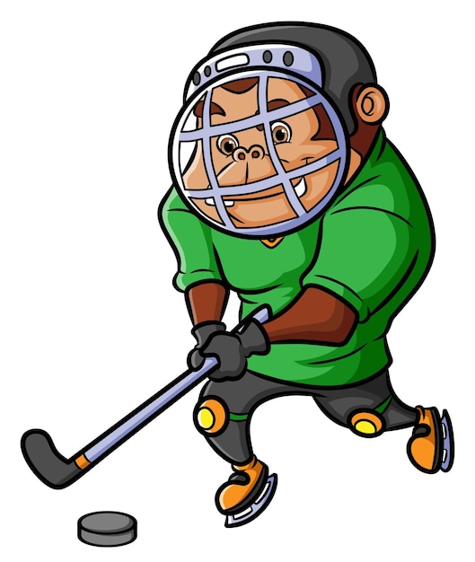 The sporty chimpanzee is playing the hockey