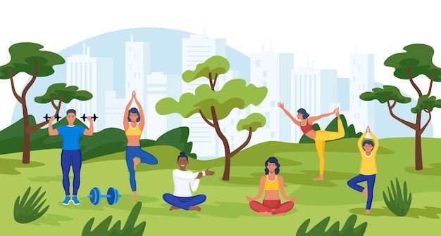 Famiglia sportiva nel parco attività nel parco cittadino passeggiata stagionale piacere allenamento di strada donne felici che praticano la meditazione yoga all'aperto persone che si allenano stretching attività fisica cardio e forza