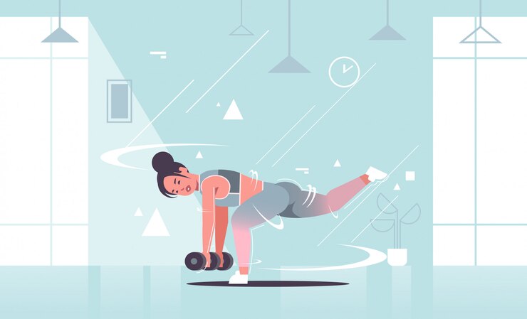 Vector sporty girl doing stretching exercises with dumbbells